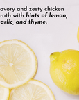 Sliced lemons on a white surface, with whole lemons and text describing flavors of lemon, garlic, and thyme.
