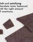 Chocolate bar with leaf patterns on a white background, text describing chocolate taste.