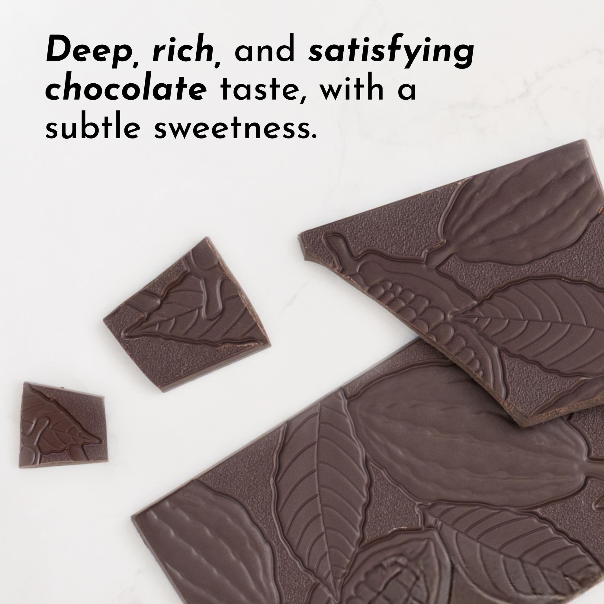 Dark chocolate pieces with leaf and cocoa pod designs on a white surface.