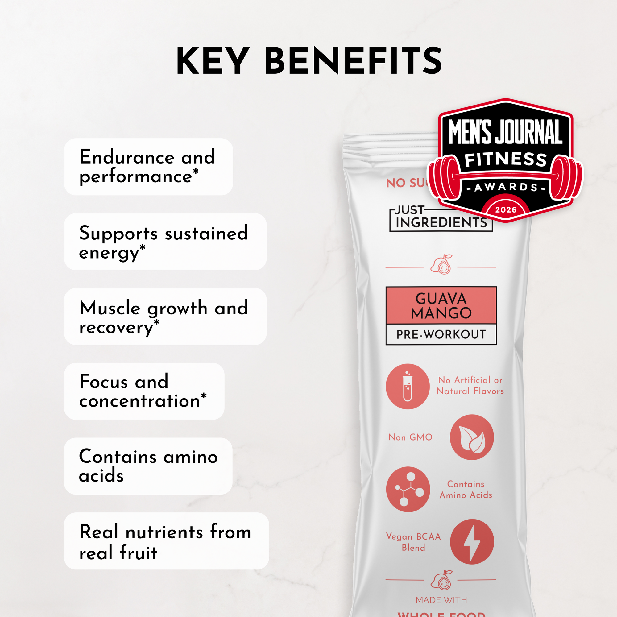 Pre-workout stick in Guava Mango flavor with key benefits listed, including endurance and muscle recovery.