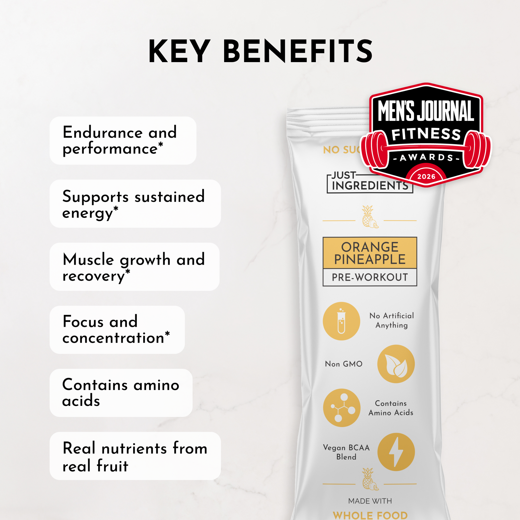 Key benefits graphic listing energy, focus, endurance, and recovery benefits of the Orange Pineapple pre-workout stick.