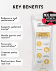 Key benefits graphic listing energy, focus, endurance, and recovery benefits of the Orange Pineapple pre-workout stick.
