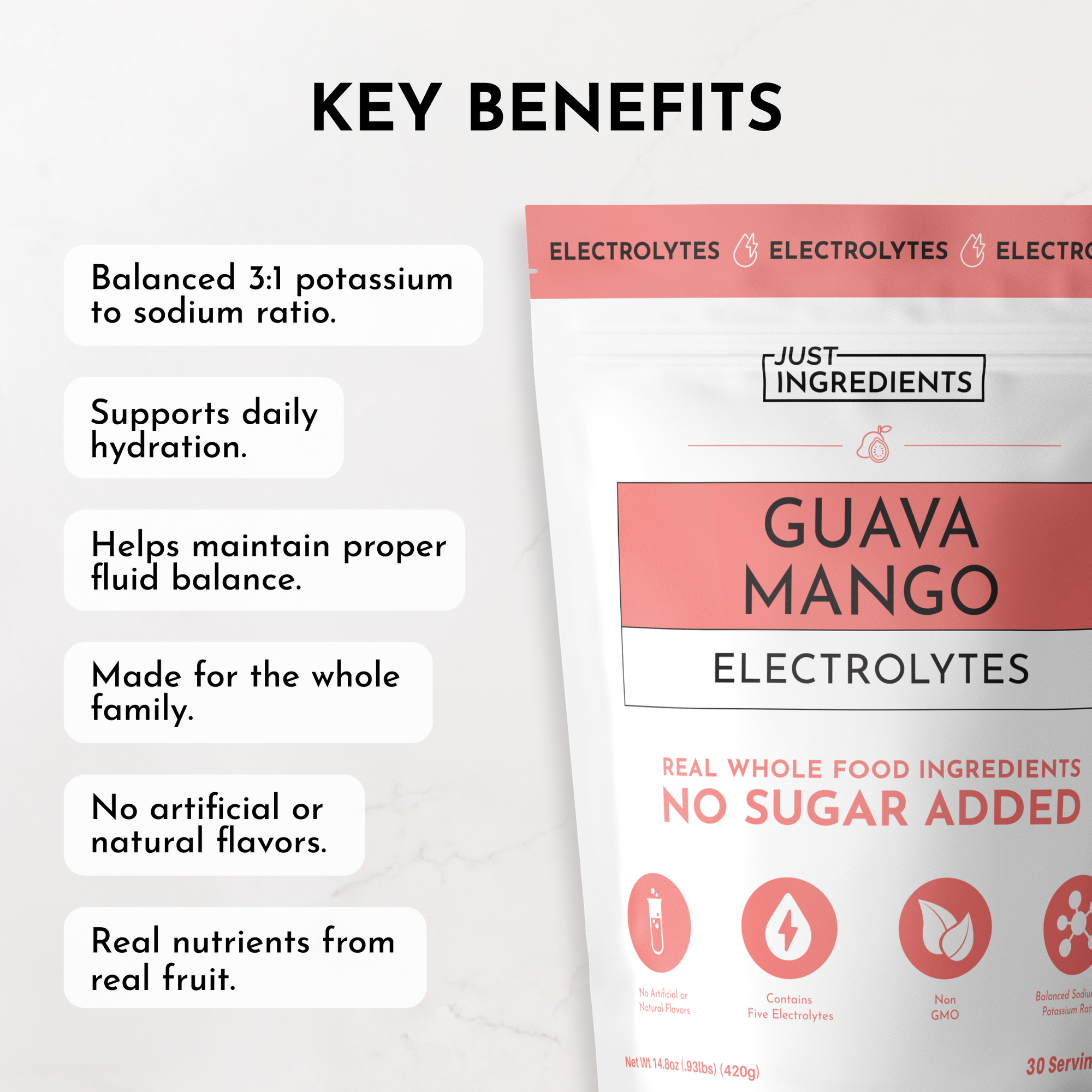 Pouch of Guava Mango Electrolytes with key benefits listed, including hydration support and no artificial flavors.