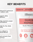 Pouch of Guava Mango Electrolytes with key benefits listed, including hydration support and no artificial flavors.