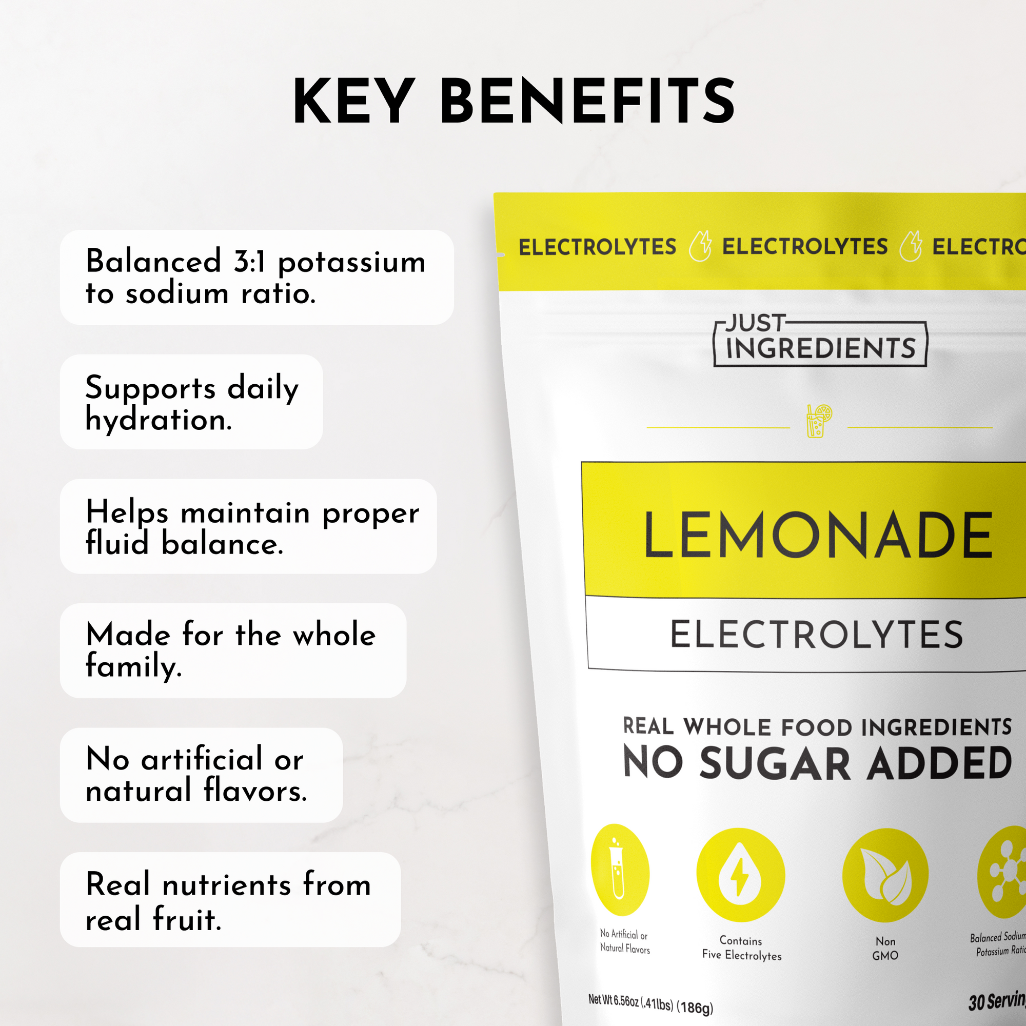 Lemonade Electrolytes package featuring key benefits and nutritional information on a light background.