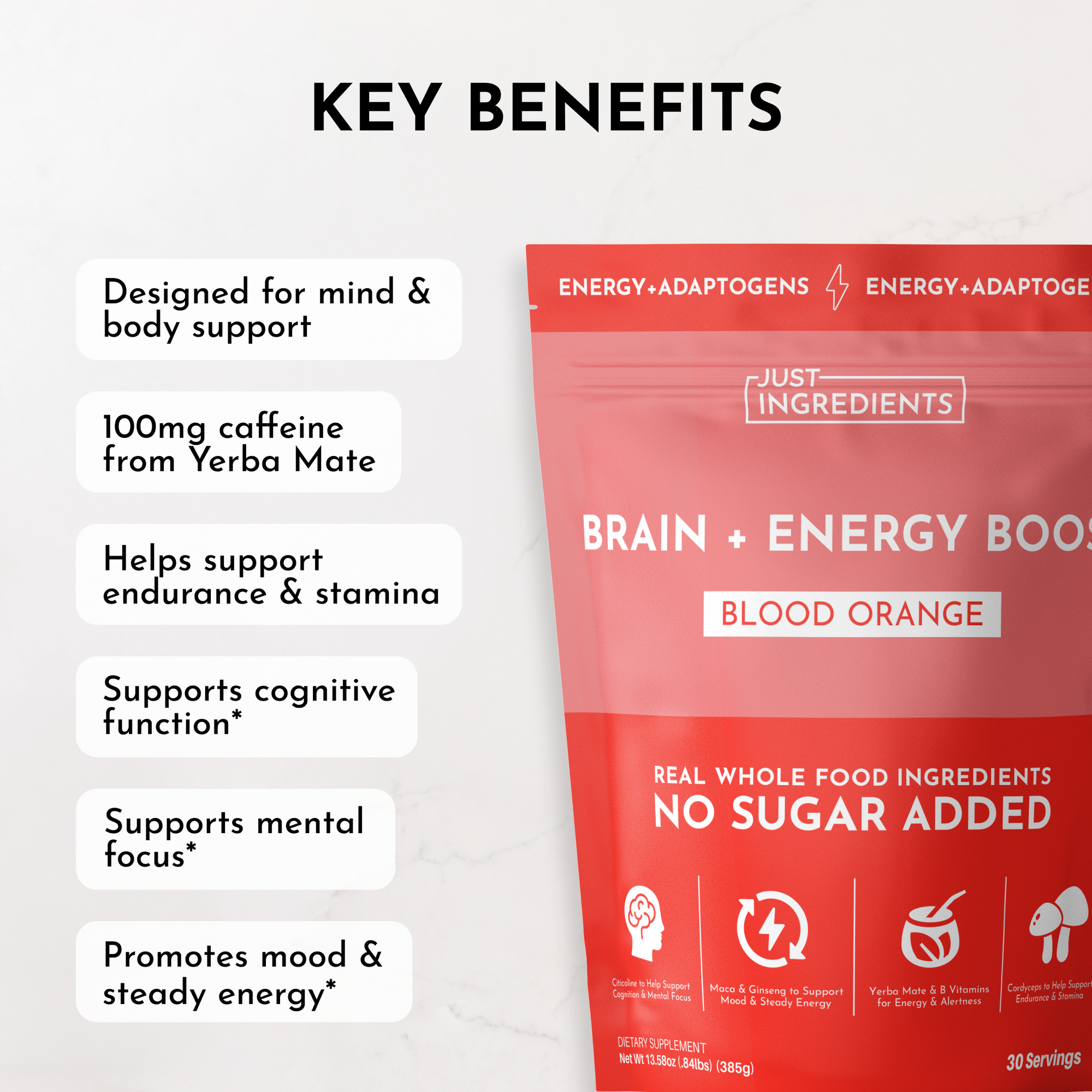 Red pouch labeled "Brain + Energy Boost Blood Orange" with key benefits listed, including caffeine content and support for co