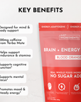 Red pouch labeled "Brain + Energy Boost Blood Orange" with key benefits listed, including caffeine content and support for co