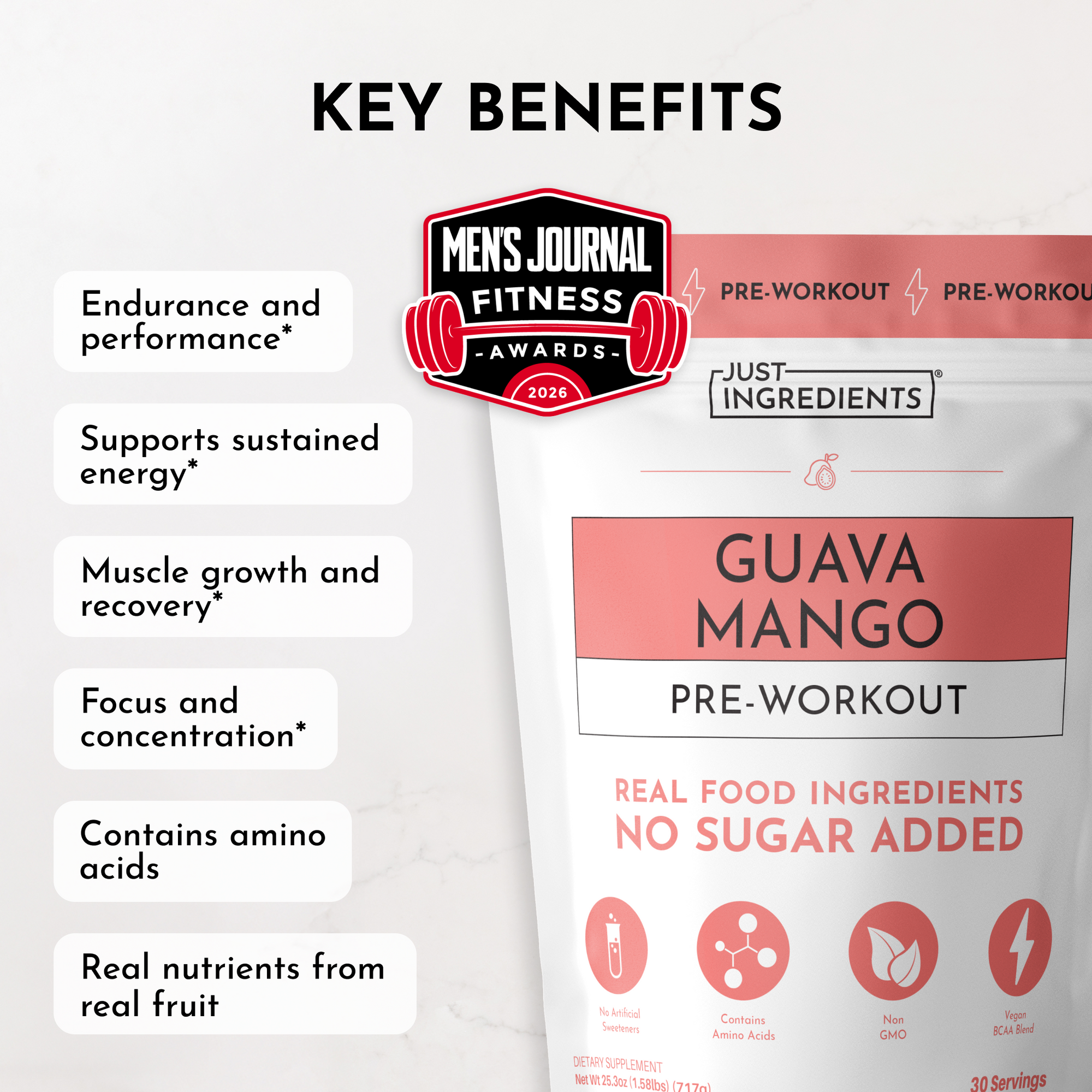 Guava Mango Pre-Workout supplement package with red and white label showing key benefits and ingredient information.