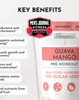 Guava Mango Pre-Workout supplement package with red and white label showing key benefits and ingredient information.