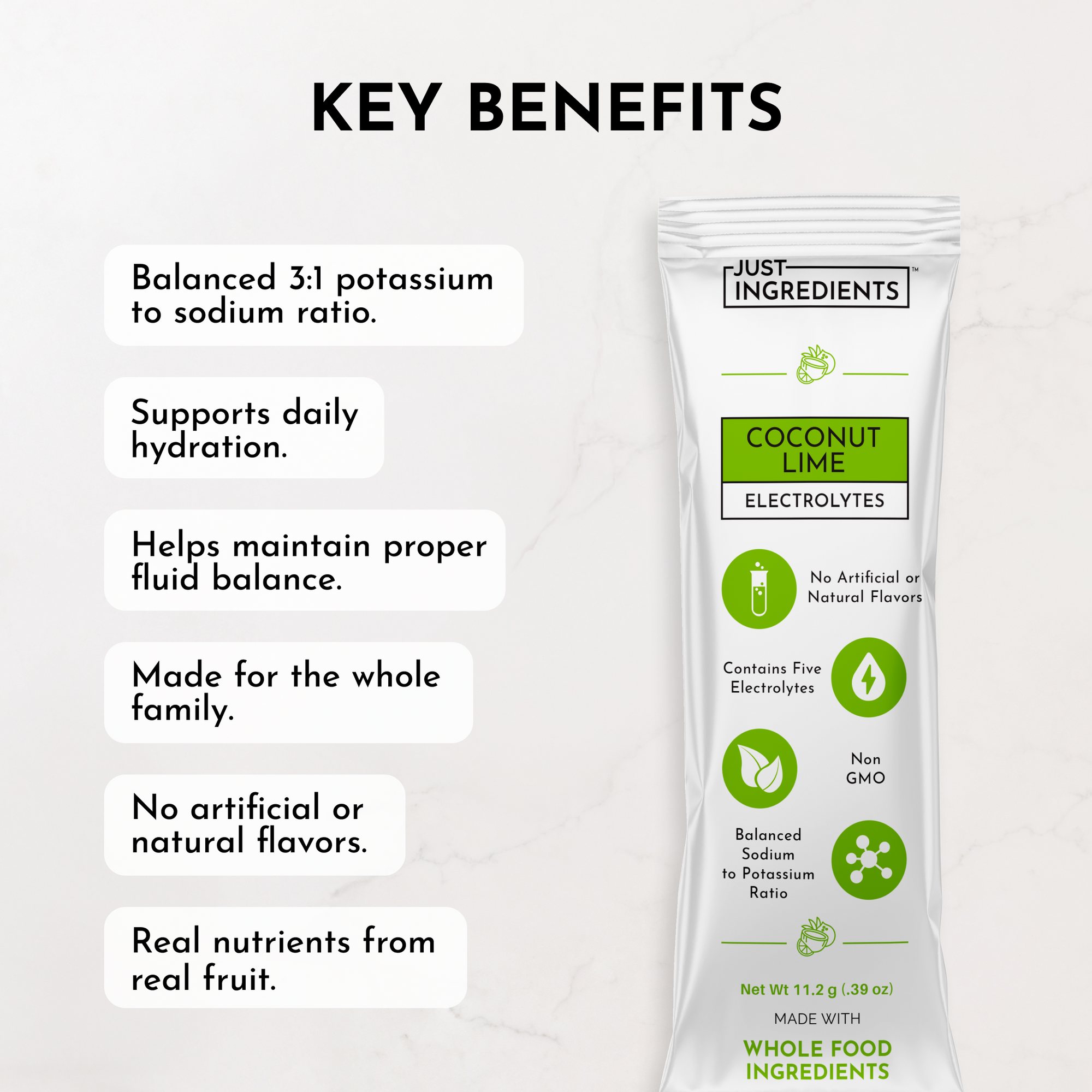 Electrolyte stick packet labeled "Coconut Lime" with key benefits listed on a light background.