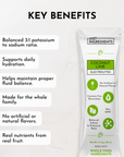 Electrolyte stick packet labeled "Coconut Lime" with key benefits listed on a light background.