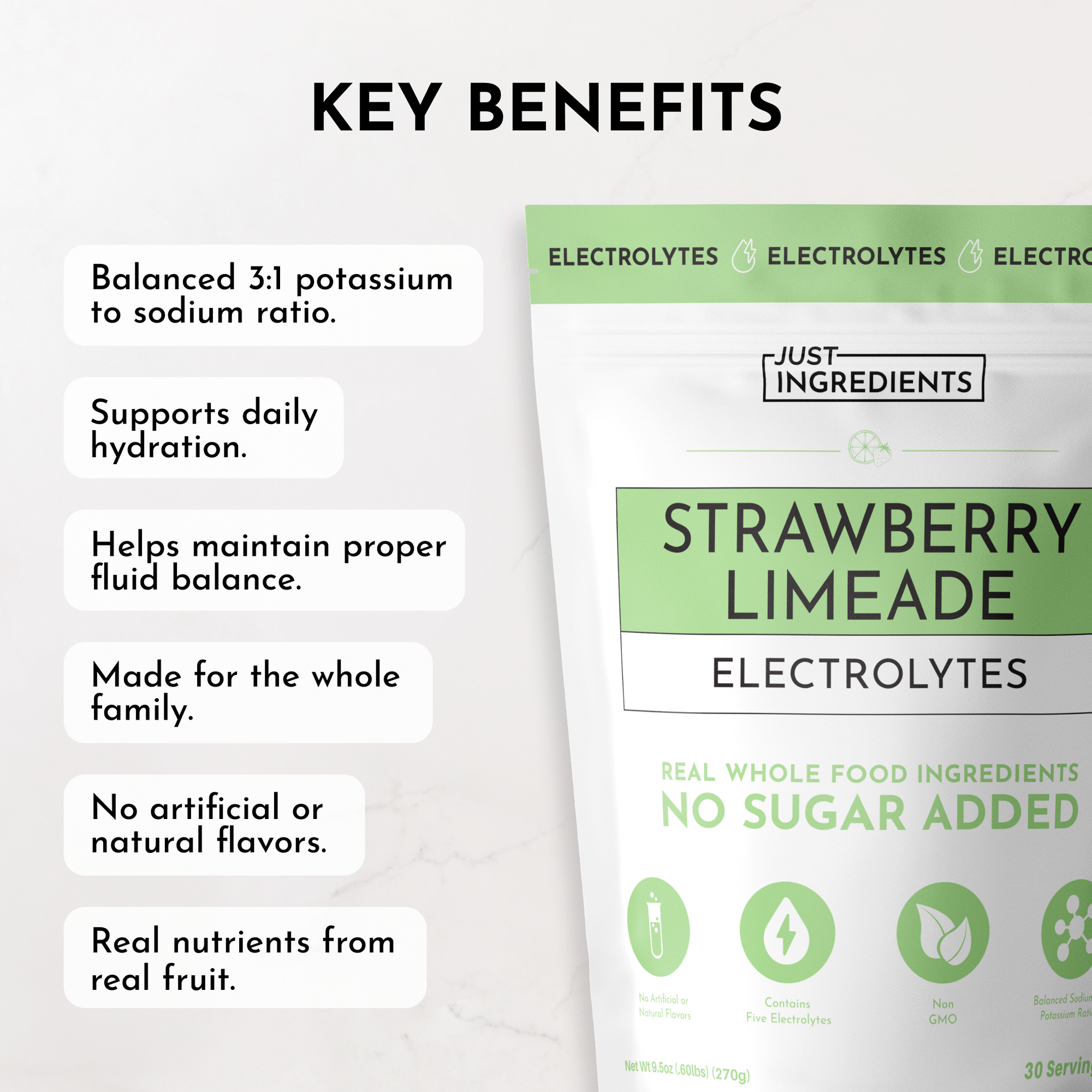 Pouch of Strawberry Limeade electrolytes with key benefits listed, including hydration support and no artificial flavors.