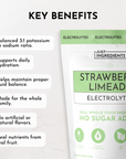Pouch of Strawberry Limeade electrolytes with key benefits listed, including hydration support and no artificial flavors.