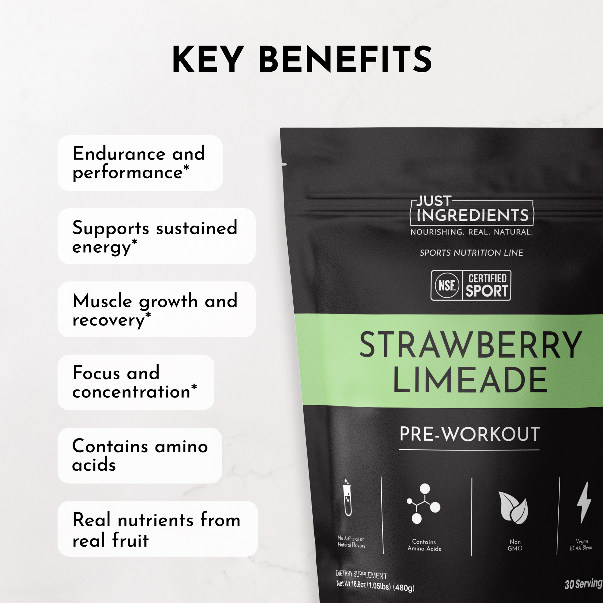 Packaging for Strawberry Limeade Pre-Workout with key benefits listed, including endurance, energy support, and amino acids.