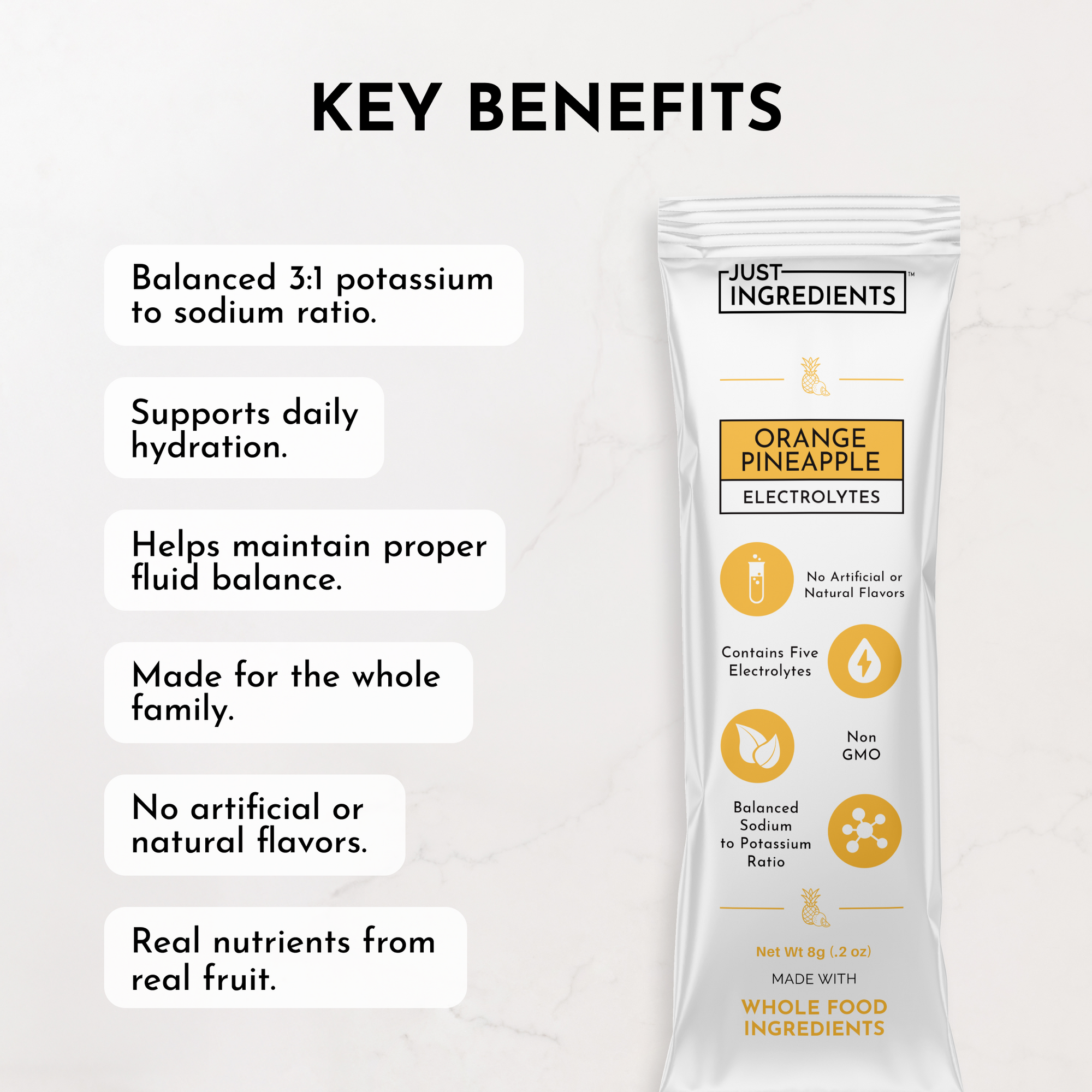 Electrolyte stick packaging featuring orange pineapple flavor with key benefits listed on a light background.