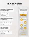 Electrolyte stick packaging featuring orange pineapple flavor with key benefits listed on a light background.