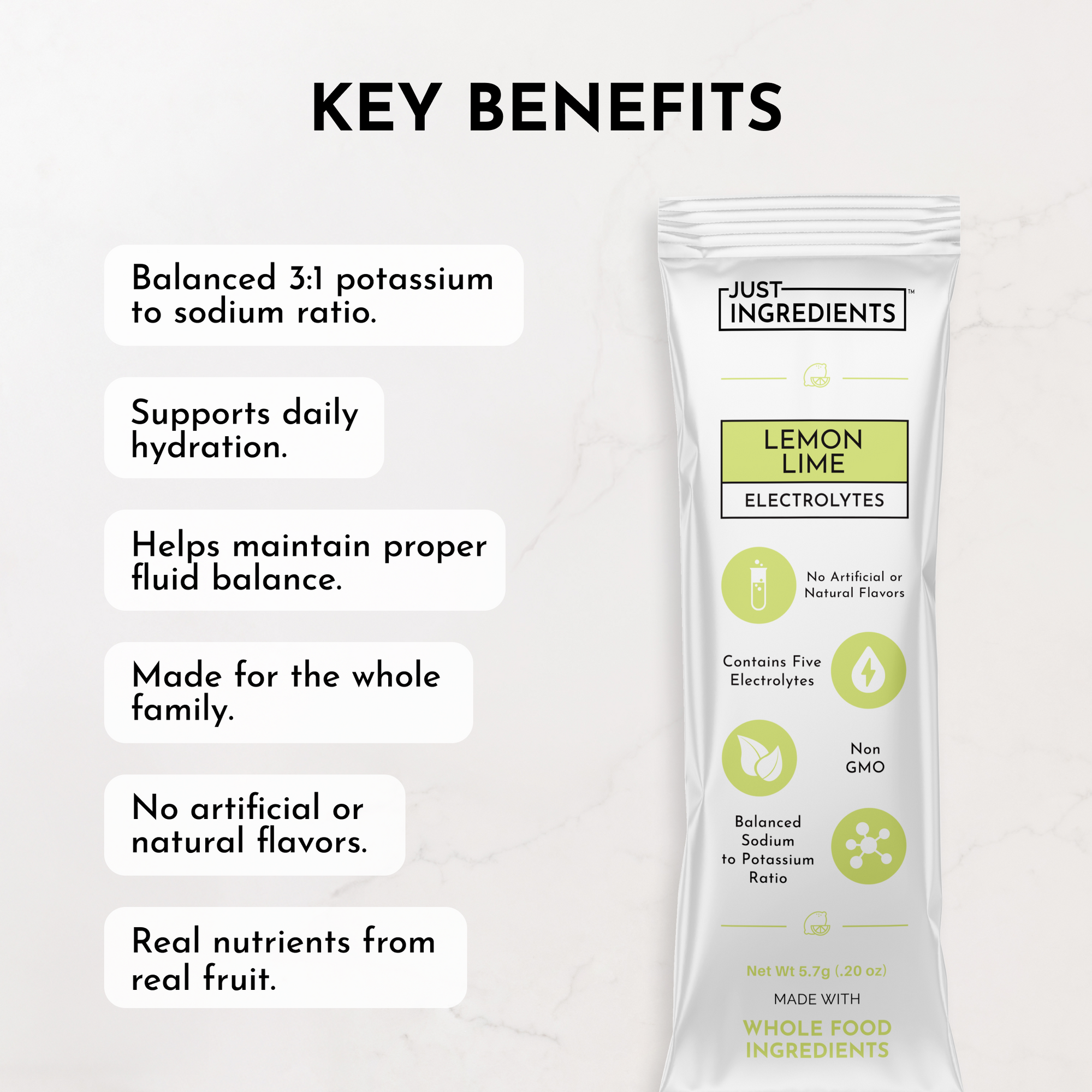Lemon Lime Electrolytes stick with key benefits listed, including hydration support and balanced potassium to sodium ratio.