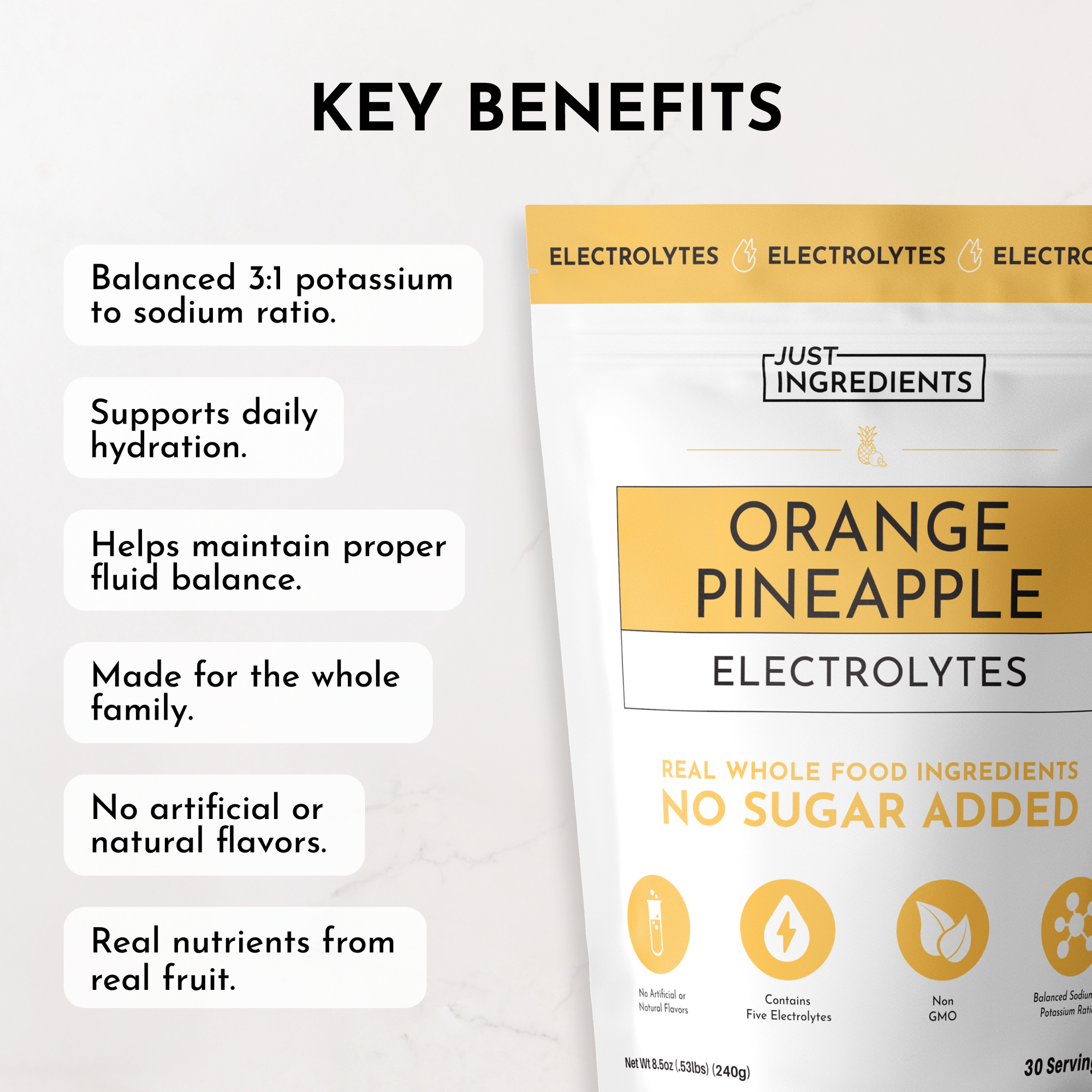 Pouch of Orange Pineapple Electrolytes with key benefits listed, including hydration support and no artificial flavors.