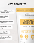 Pouch of Orange Pineapple Electrolytes with key benefits listed, including hydration support and no artificial flavors.