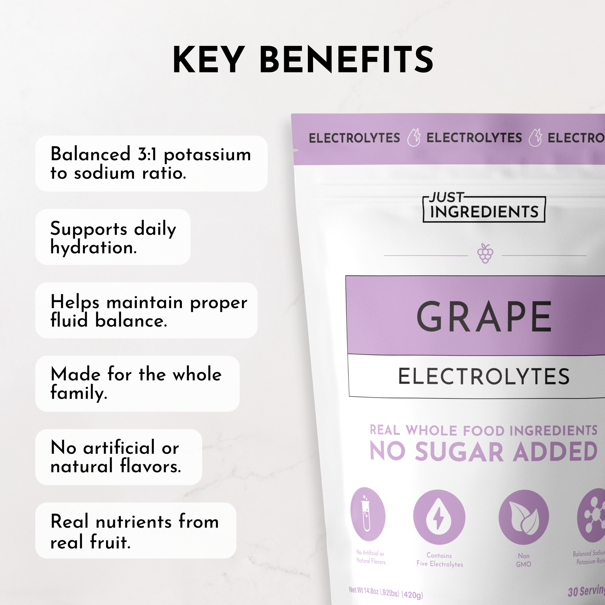 Pouch of Grape Electrolytes featuring key benefits and nutritional information on a light background.