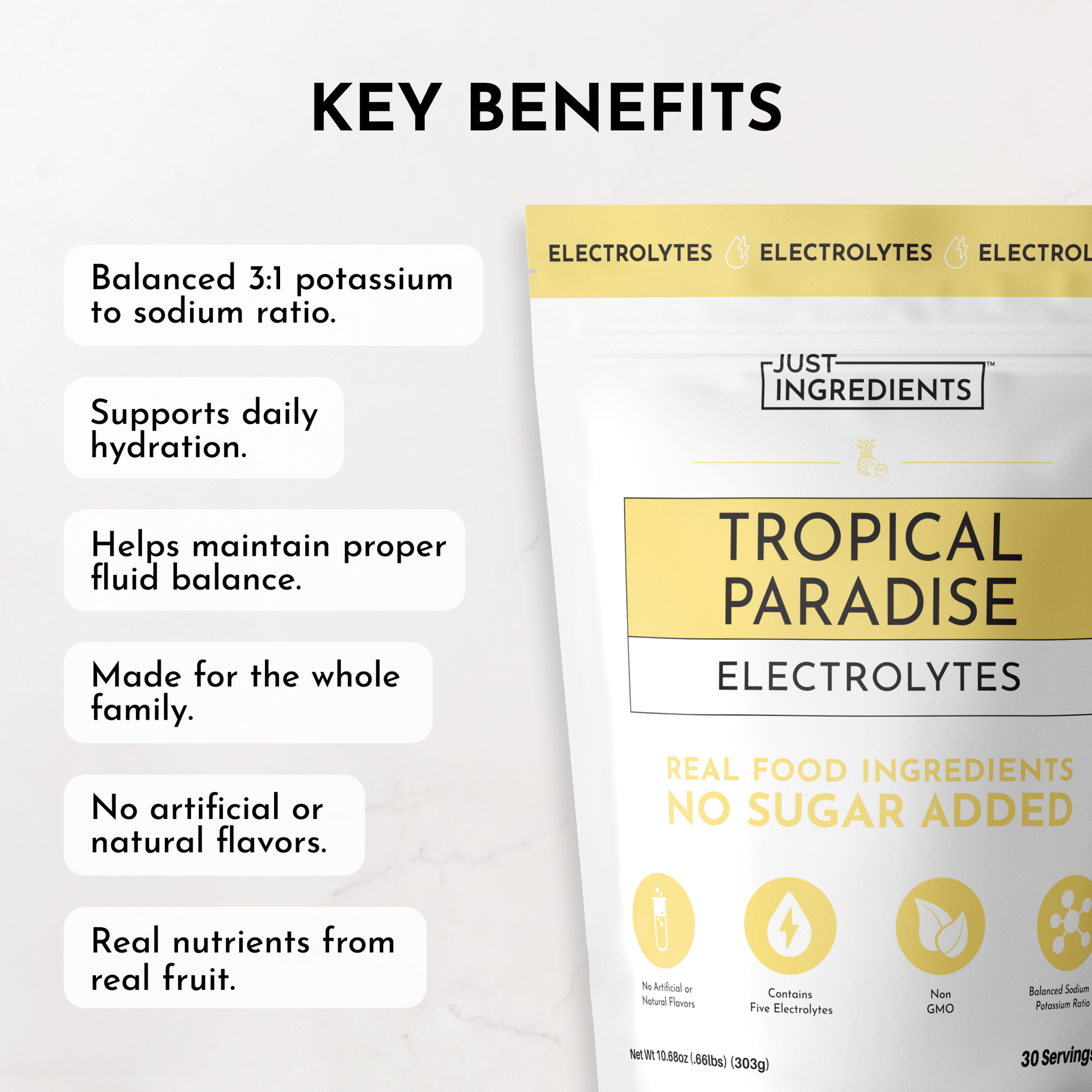 Electrolyte powder package featuring "Tropical Paradise" label with key benefits listed on a light background.