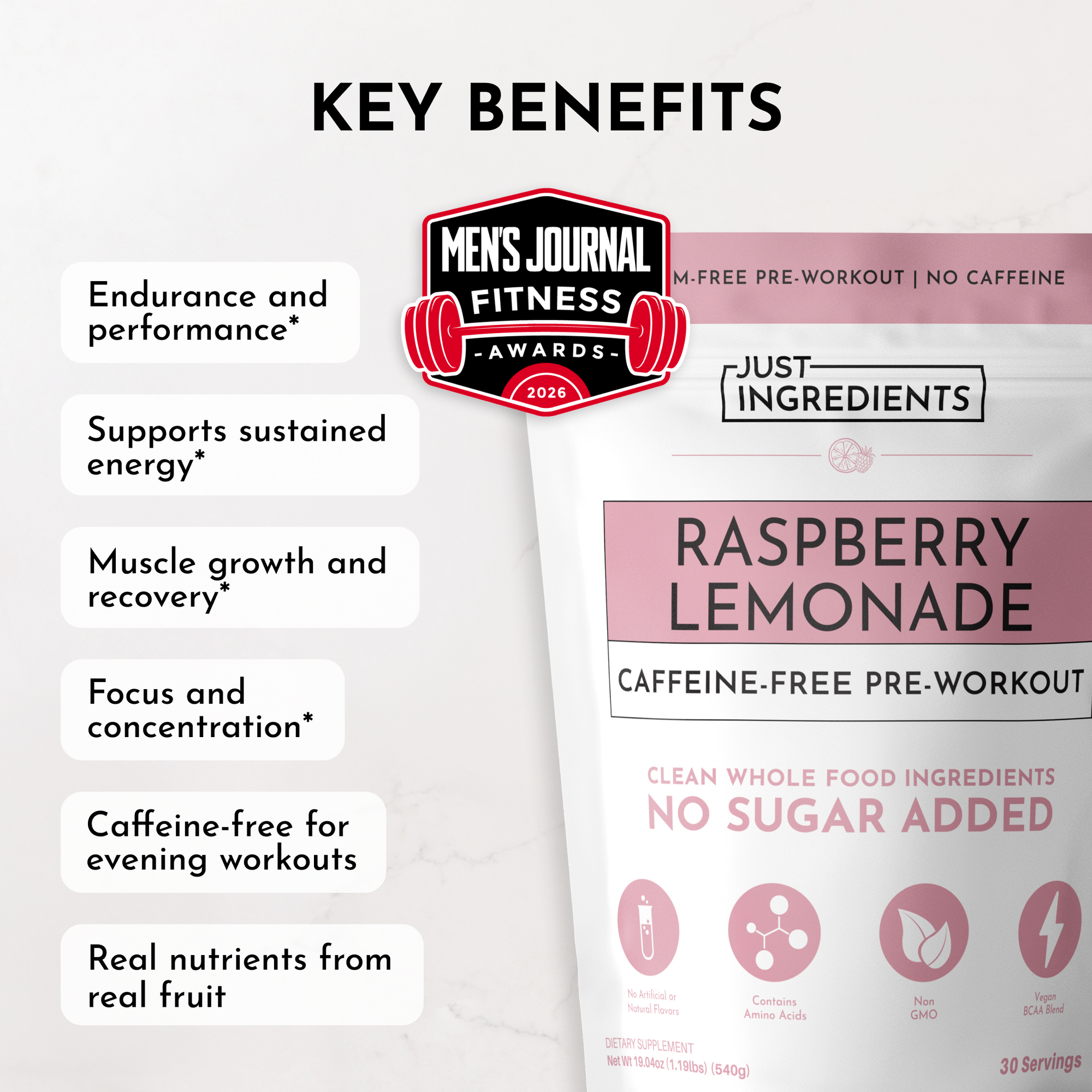 Caffeine-free pre-workout powder in raspberry lemonade flavor, featuring key benefits and nutritional information.