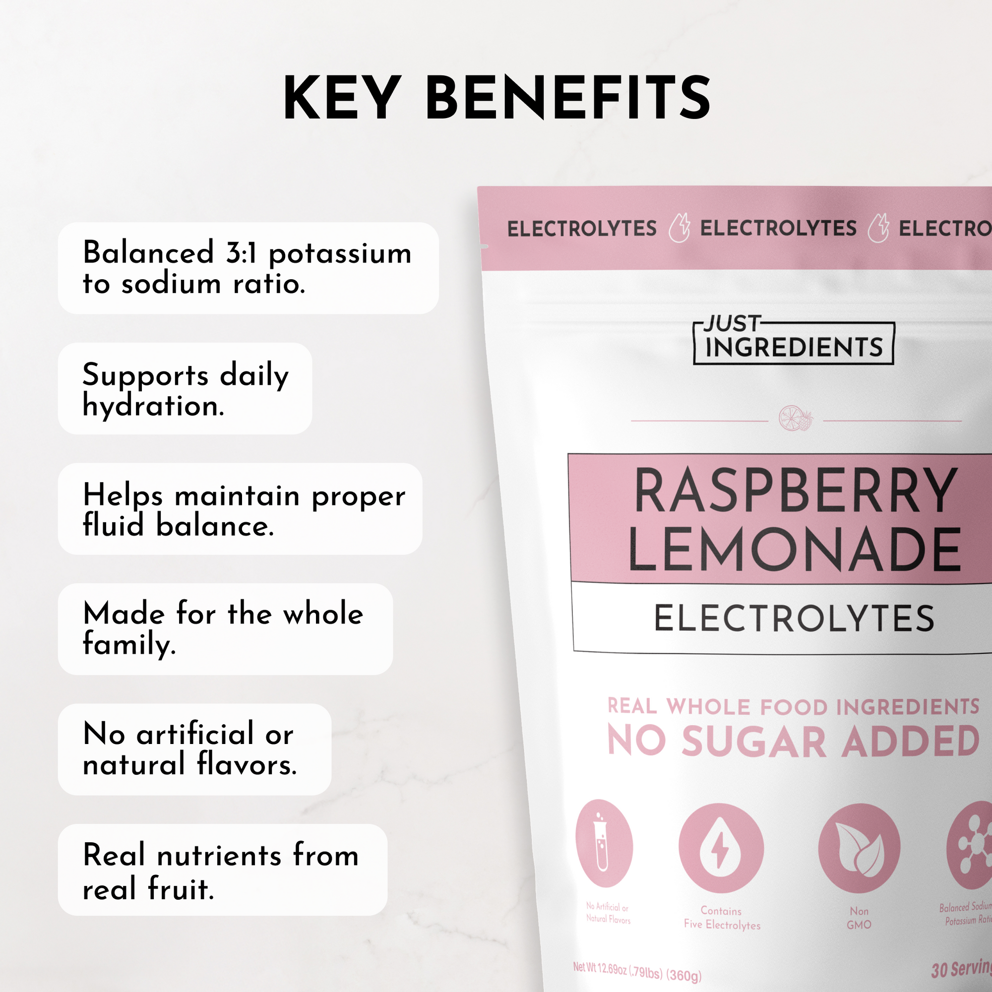 Electrolyte powder package featuring raspberry lemonade flavor and key benefits listed on a light background.
