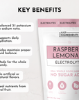 Electrolyte powder package featuring raspberry lemonade flavor and key benefits listed on a light background.