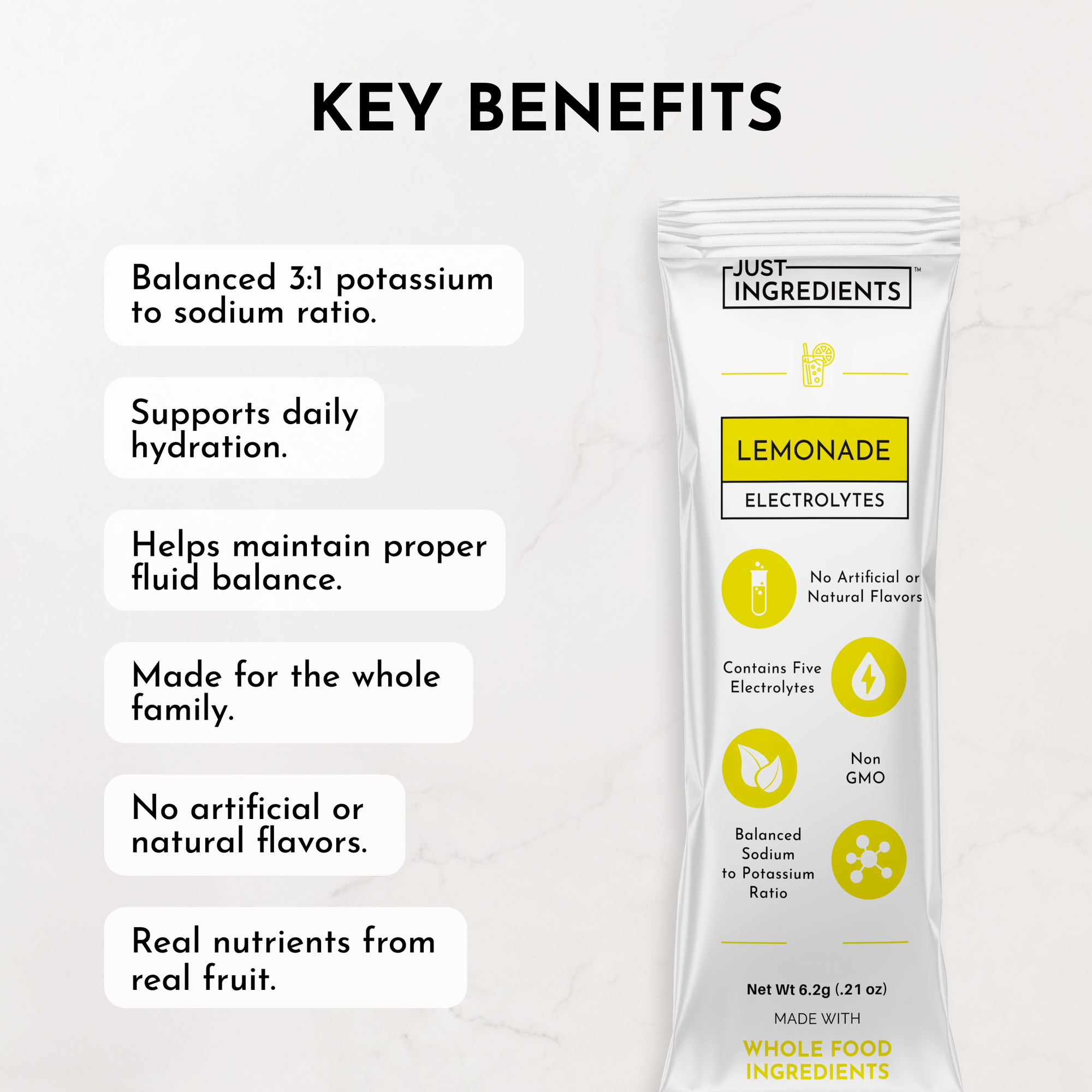 Lemonade electrolytes stick featuring key benefits and nutritional information on a light background.