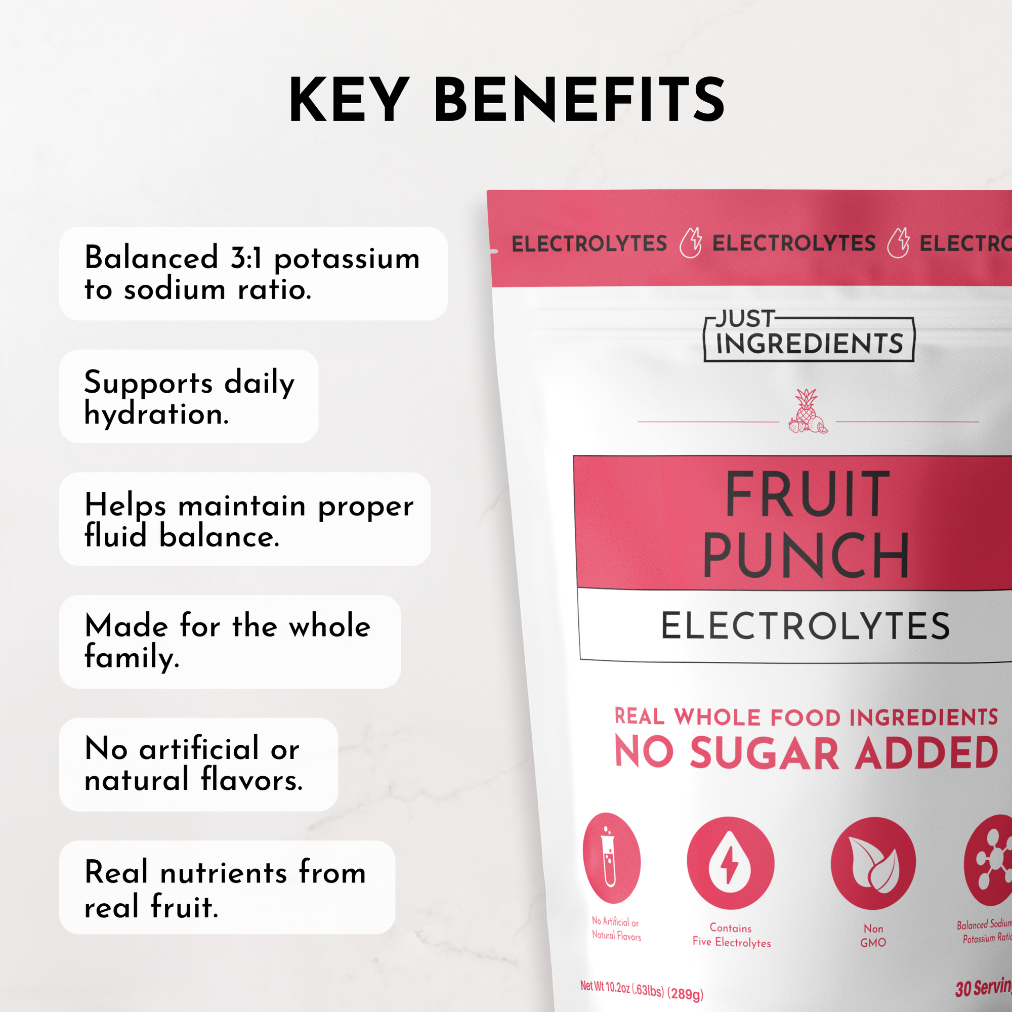 White pouch labeled "Fruit Punch Electrolytes" with key benefits listed on the left side.