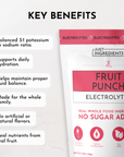 White pouch labeled "Fruit Punch Electrolytes" with key benefits listed on the left side.