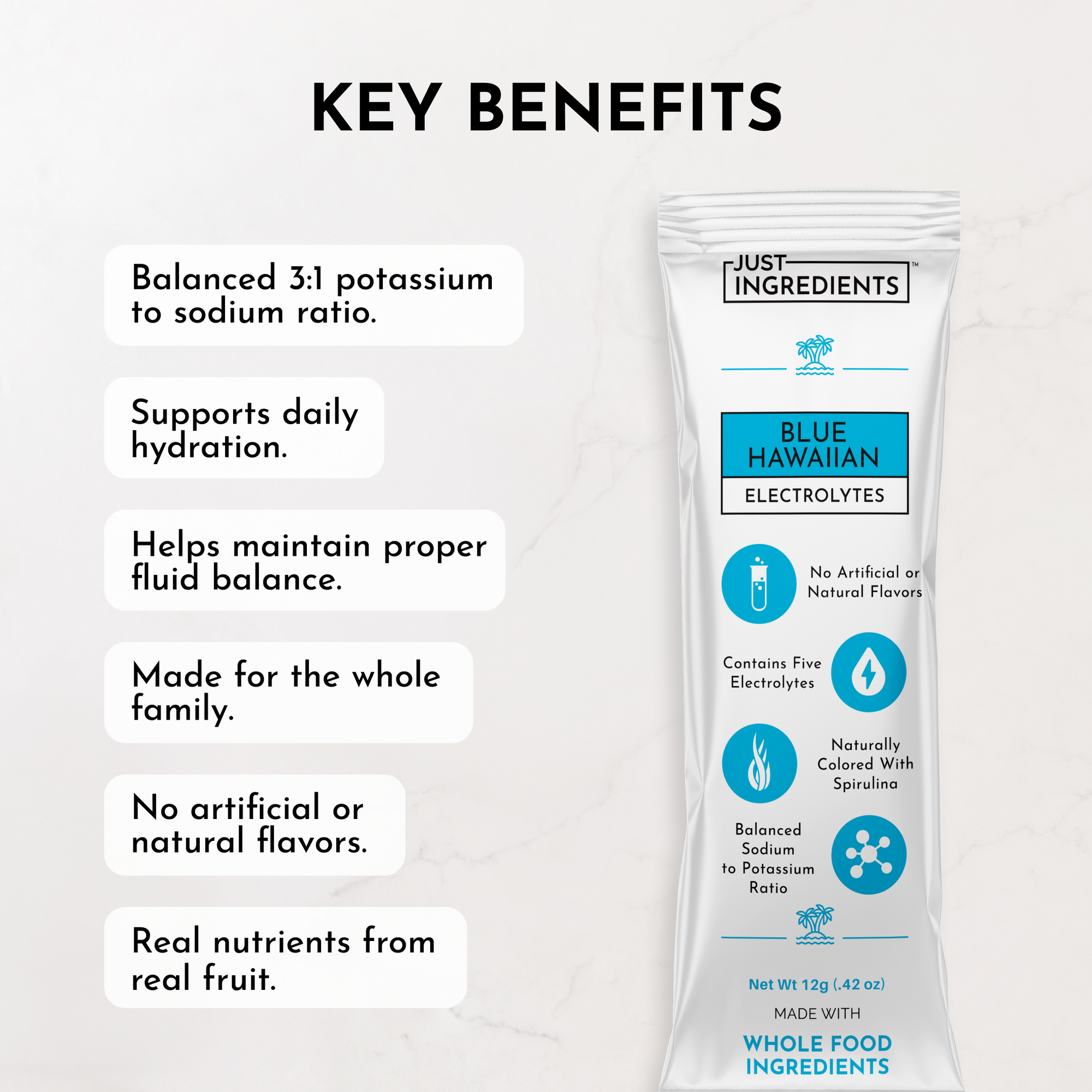 Electrolyte stick packet with key benefits listed, including hydration support and natural ingredients.