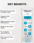 Electrolyte stick packet with key benefits listed, including hydration support and natural ingredients.