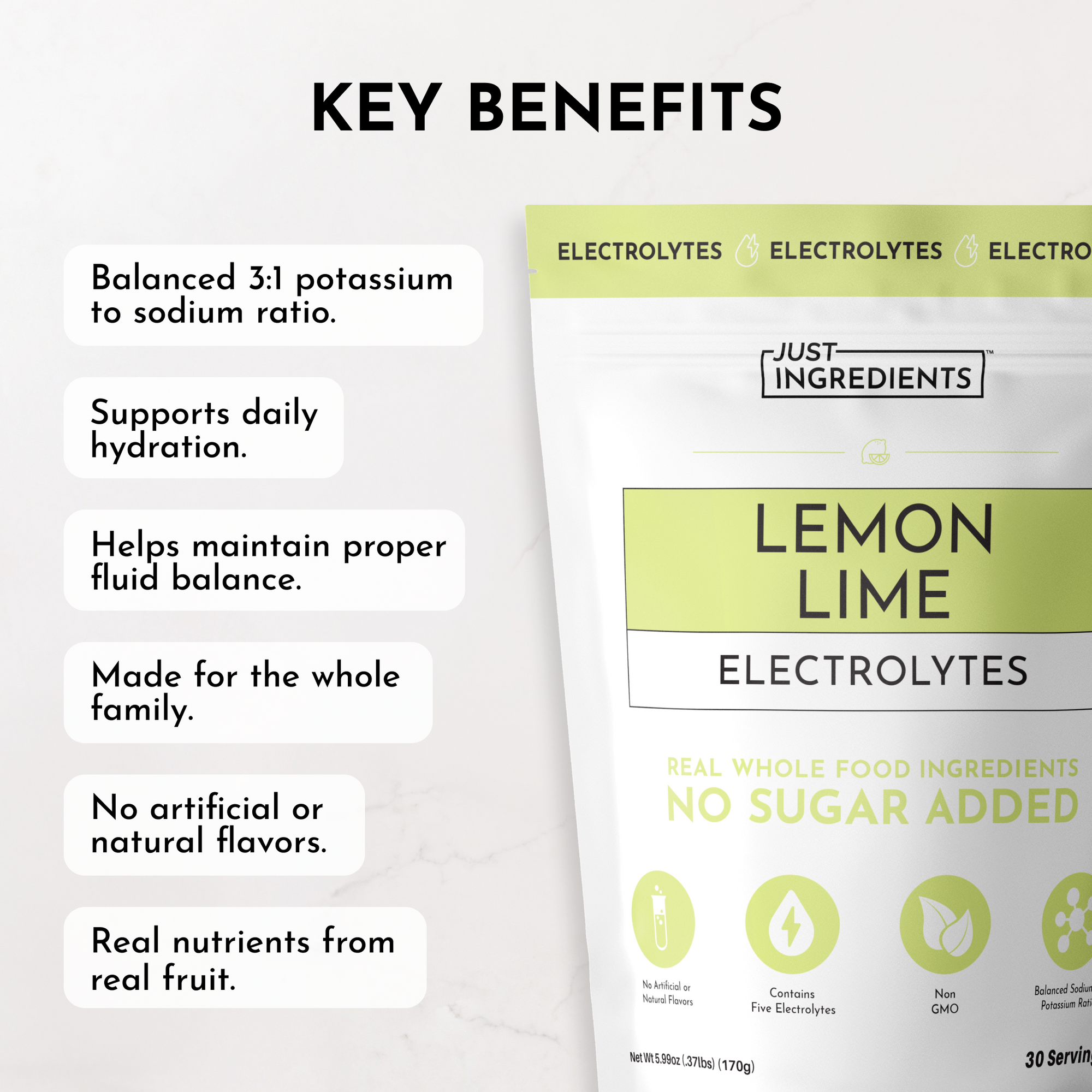 Lemon Lime Electrolytes powder package with key benefits listed, including hydration support and no artificial flavors.