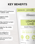 Lemon Lime Electrolytes powder package with key benefits listed, including hydration support and no artificial flavors.
