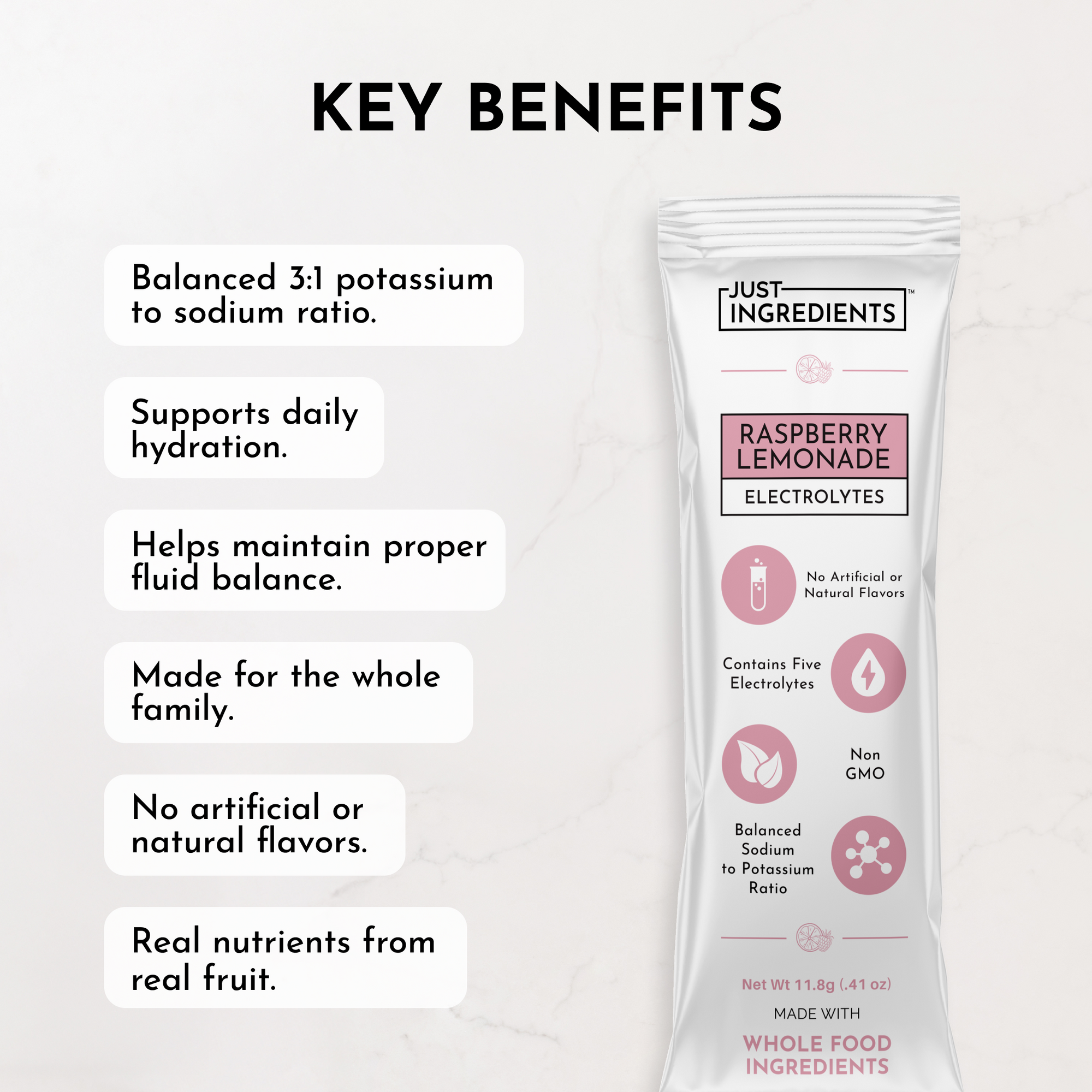 Electrolyte stick featuring raspberry lemonade flavor with key benefits listed on a light background.