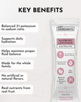 Electrolyte stick featuring raspberry lemonade flavor with key benefits listed on a light background.