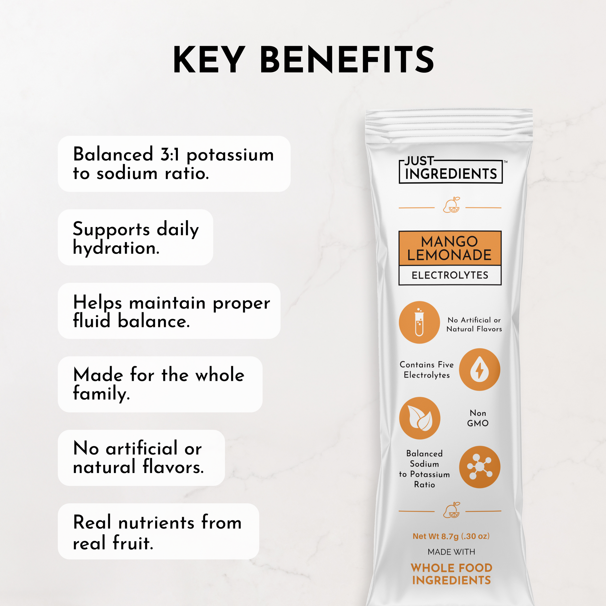 Electrolyte stick packet labeled "Mango Lemonade" with key benefits listed on a light background.