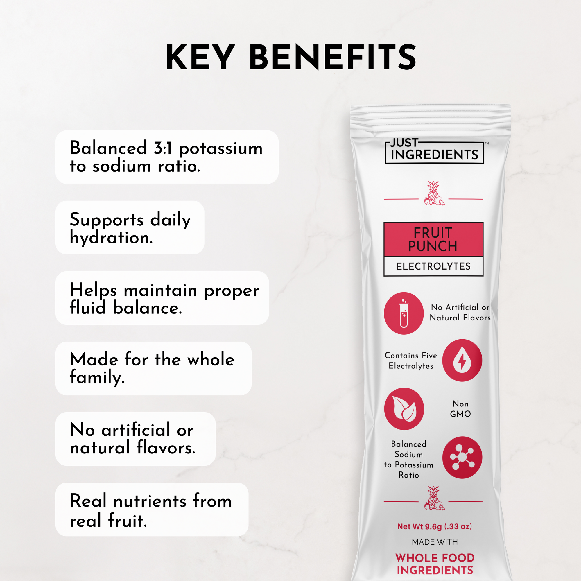 Electrolyte stick packet featuring fruit punch flavor with key benefits listed on a light background.