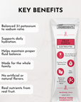 Electrolyte stick packet featuring fruit punch flavor with key benefits listed on a light background.