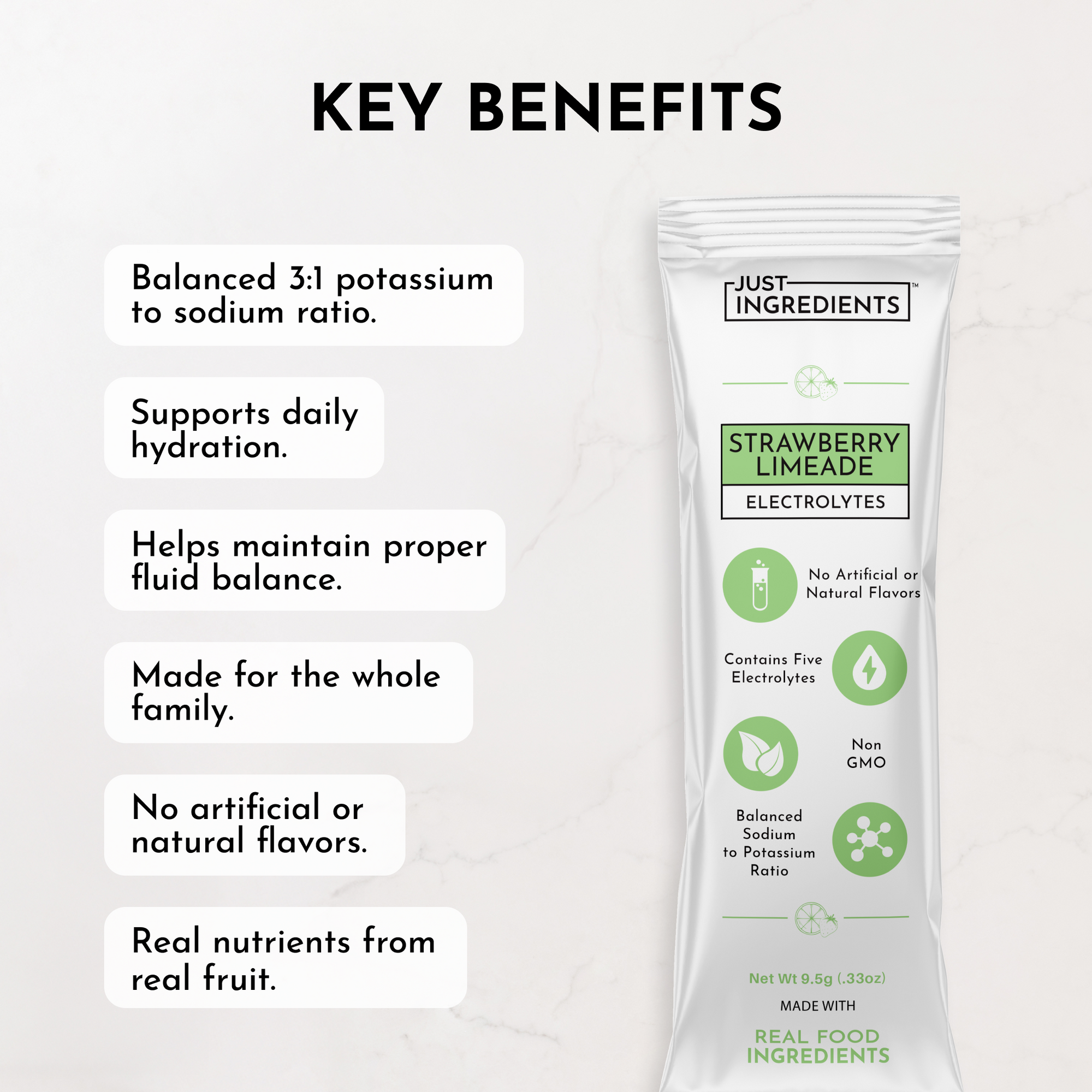 Electrolyte stick packet featuring strawberry limeade flavor and key benefits listed on a light background.