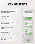 Electrolyte stick packet featuring strawberry limeade flavor and key benefits listed on a light background.