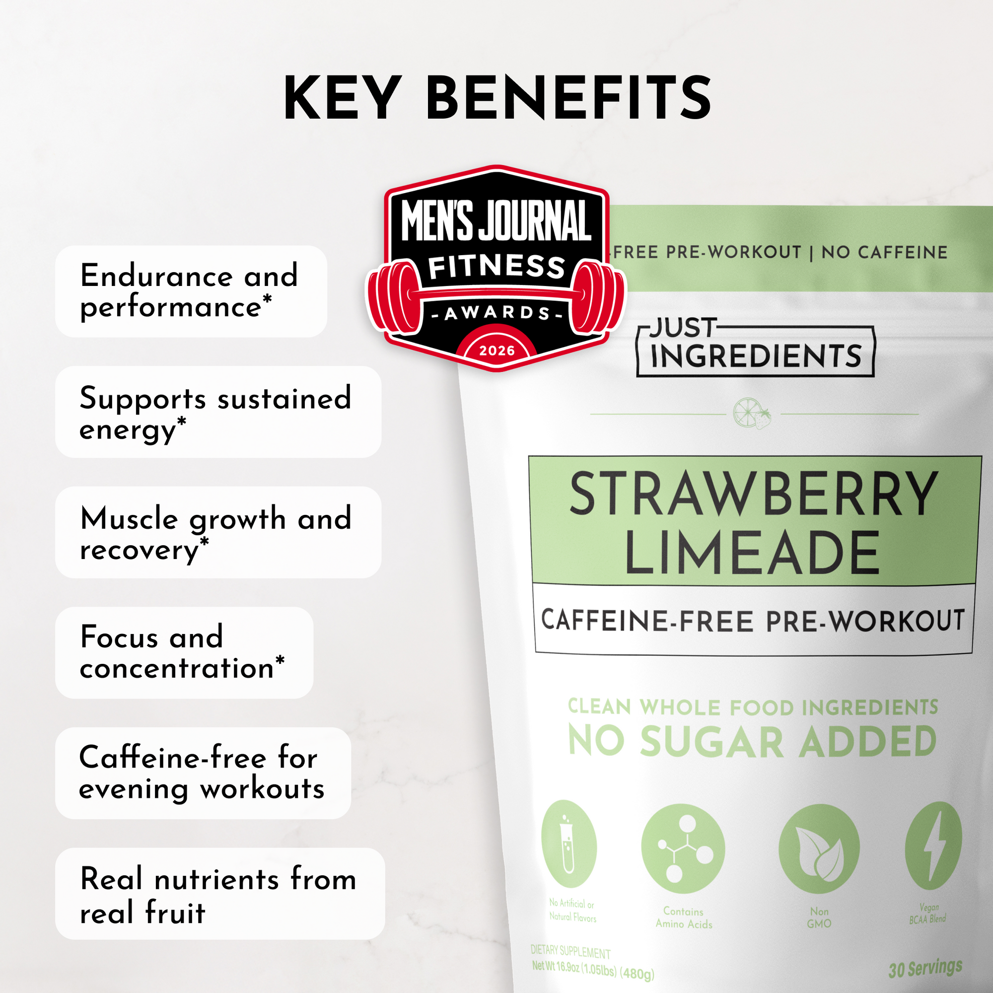 Caffeine-free pre-workout powder in a resealable pouch with strawberry limeade flavor and key benefits listed.