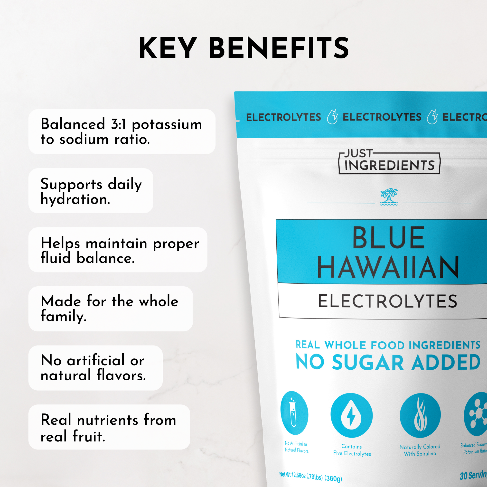 Electrolyte powder package featuring "Blue Hawaiian" with key benefits listed on a light background.