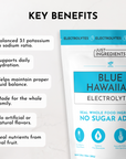 Electrolyte powder package featuring "Blue Hawaiian" with key benefits listed on a light background.