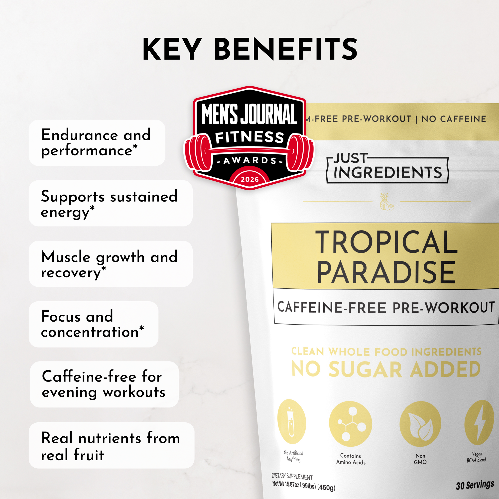 Caffeine-free pre-workout powder in a yellow and white bag with key benefits listed on the side.