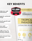 Caffeine-free pre-workout powder in a yellow and white bag with key benefits listed on the side.