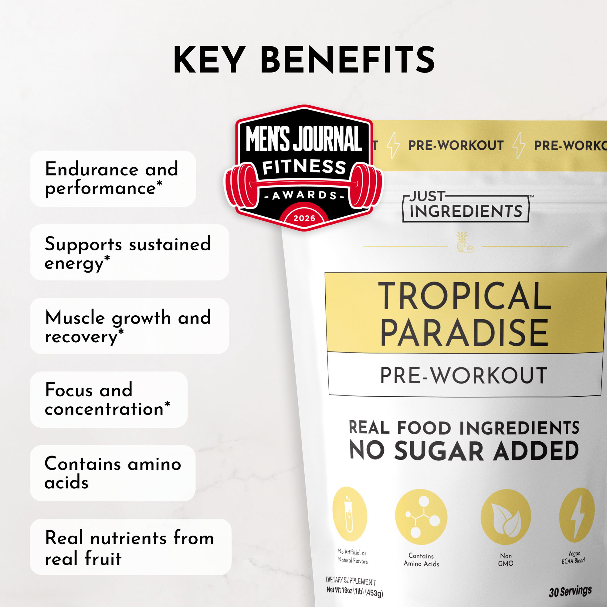 Pre-workout supplement packaging featuring key benefits and nutritional information.