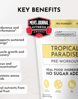 Pre-workout supplement packaging featuring key benefits and nutritional information.