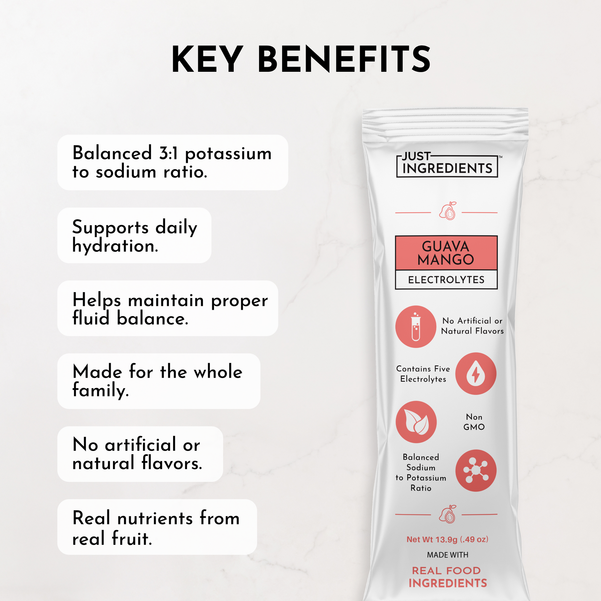 Electrolyte stick featuring guava mango flavor with key benefits listed on a light background.